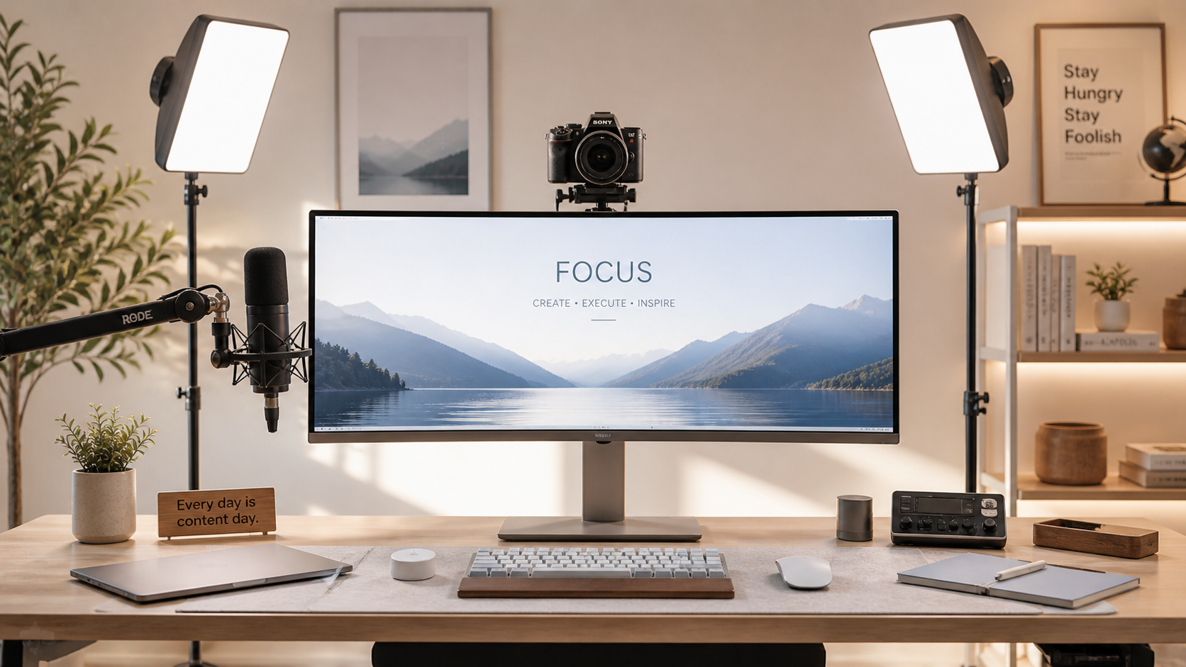 Minimalist creator desk with warm lighting