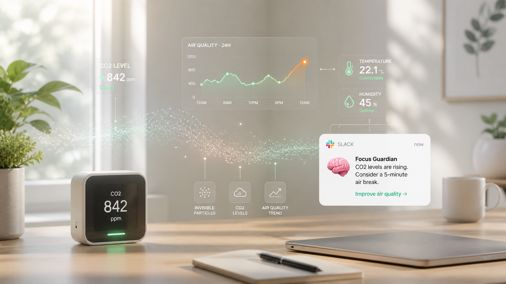Modern workspace with air quality display
